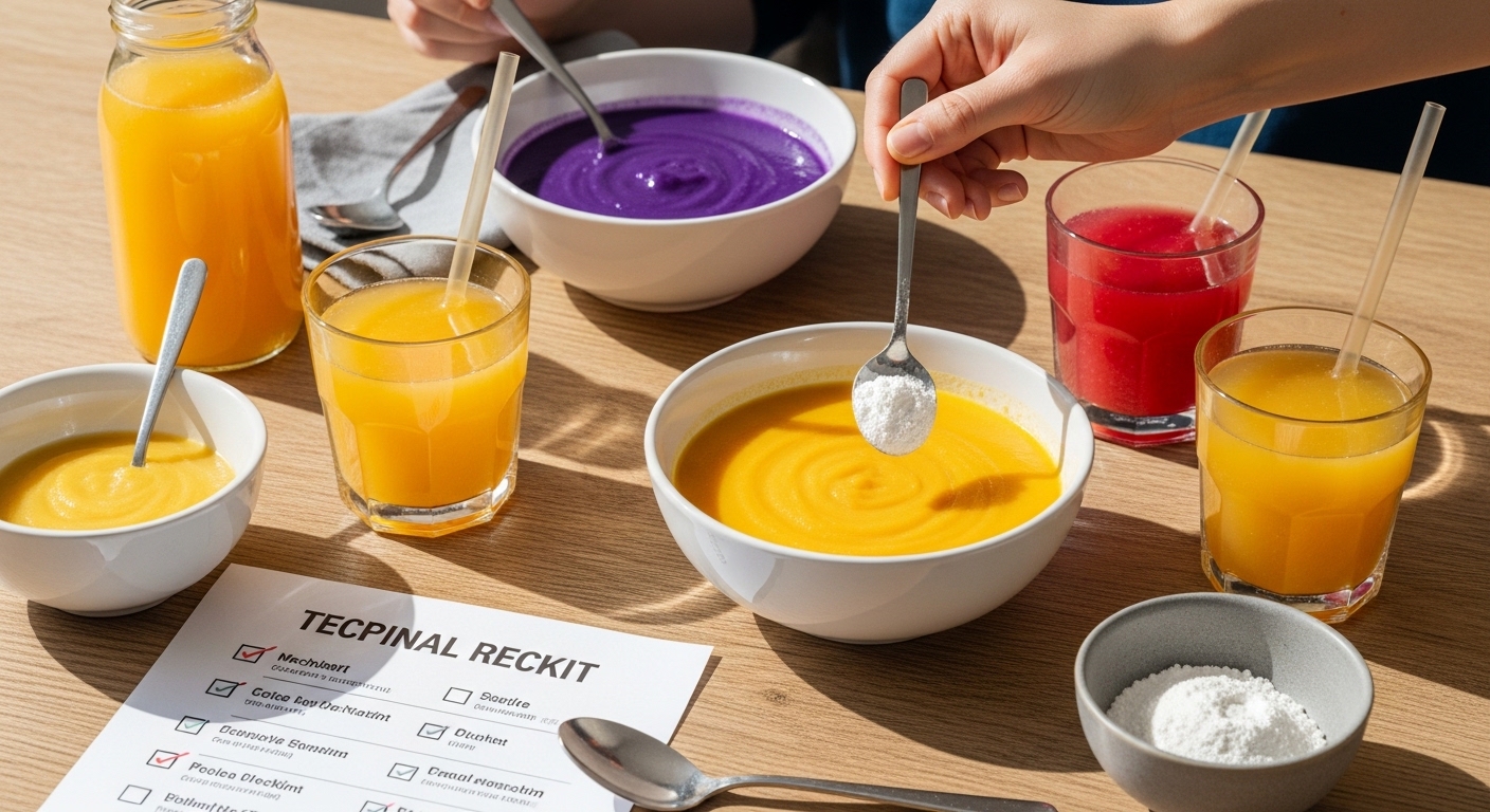 Mesa com sopas purê coloridas e bebidas espessadas para pacientes com disfagia