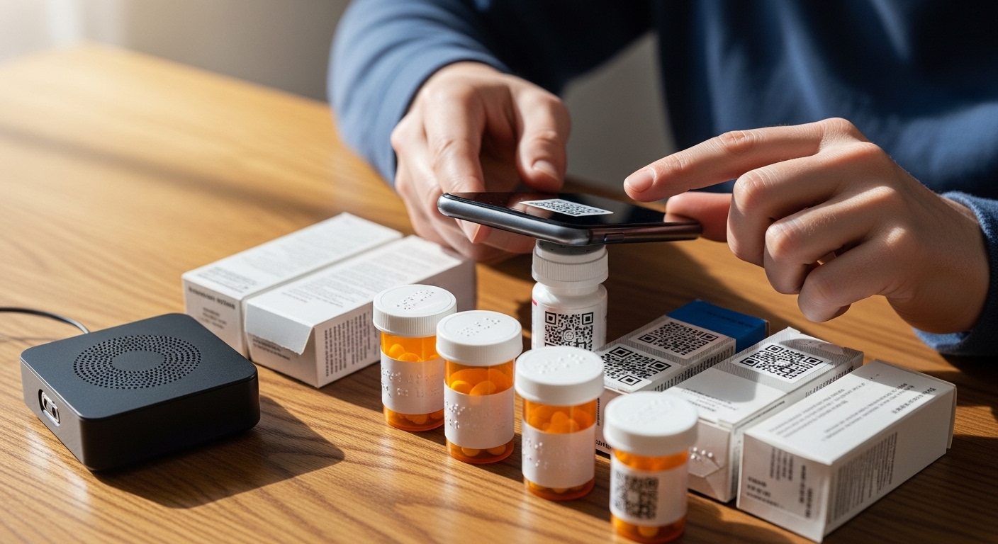 Pessoa organizando remédios com braile, QR code e alto contraste