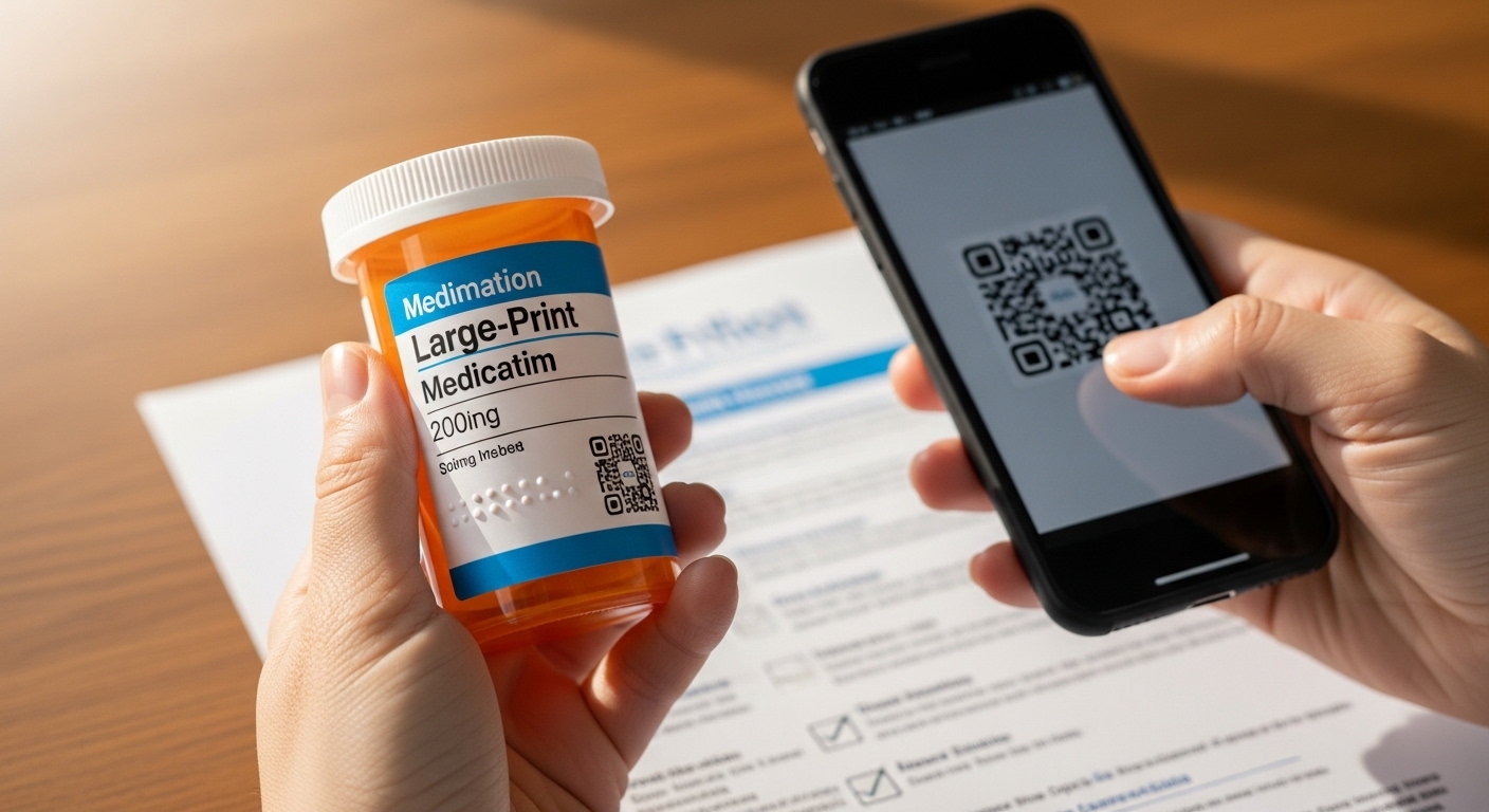 Mãos segurando frasco de remédio inclusivo com rótulo legível, braile e smartphone escaneando QR code