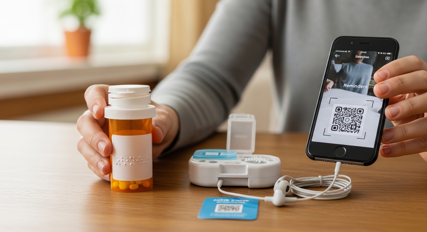 Mãos interagindo com remédios em embalagem com braille e QR Code