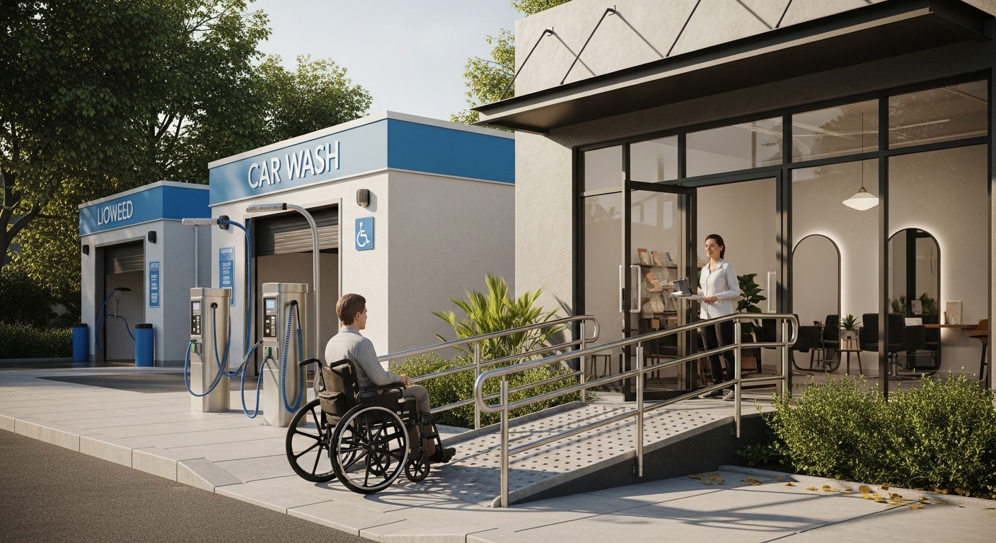 Cliente em cadeira de rodas entrando em salão de bairro adaptado