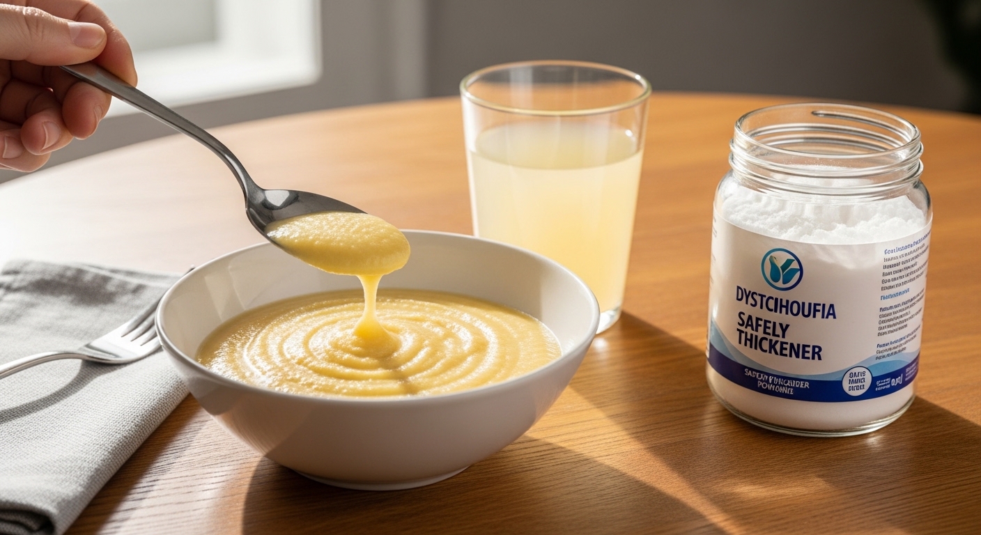 Colher com purê espesso e copo com bebida espessada