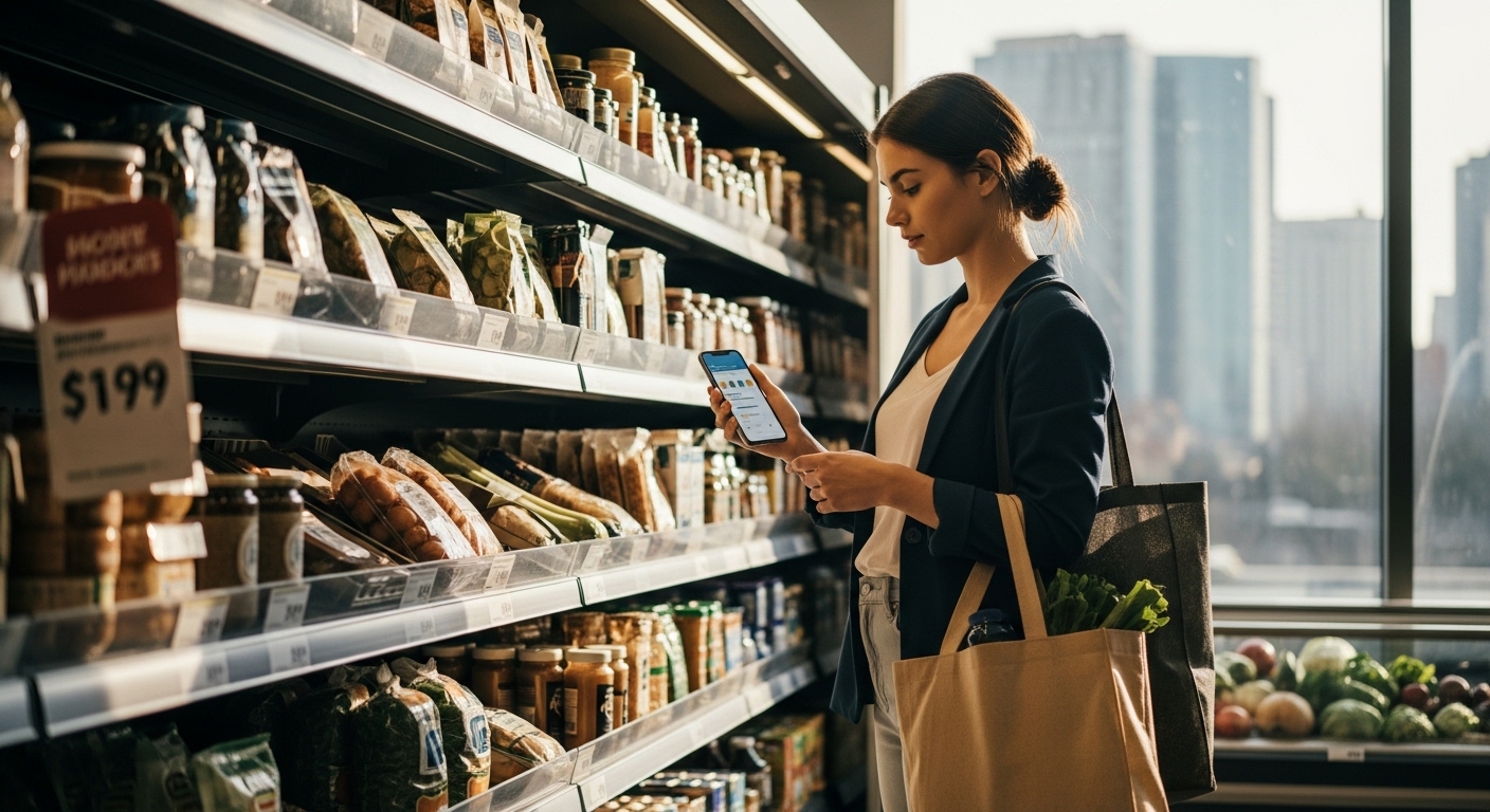 Consumidor urbano verifica preços de alimentos no supermercado
