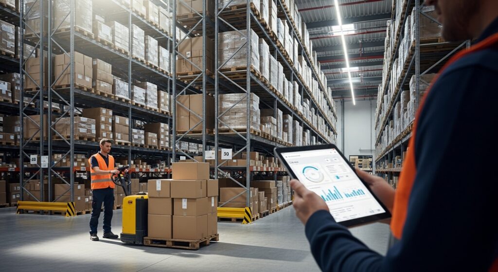 Operador de transpaleta elétrica movimenta caixas em armazém de e-commerce