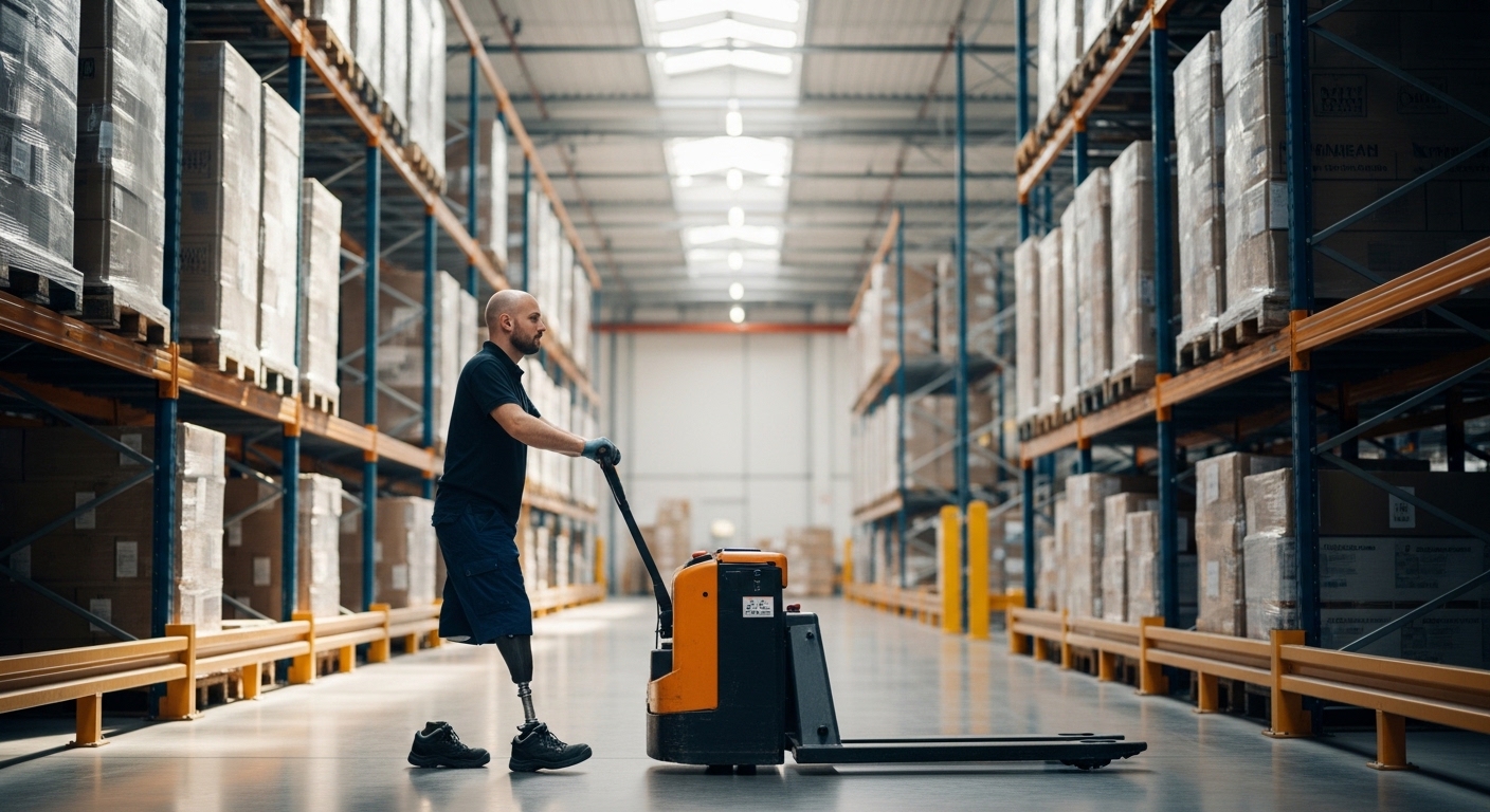 trabalhador com prótese usando paleteira elétrica em armazém acessível