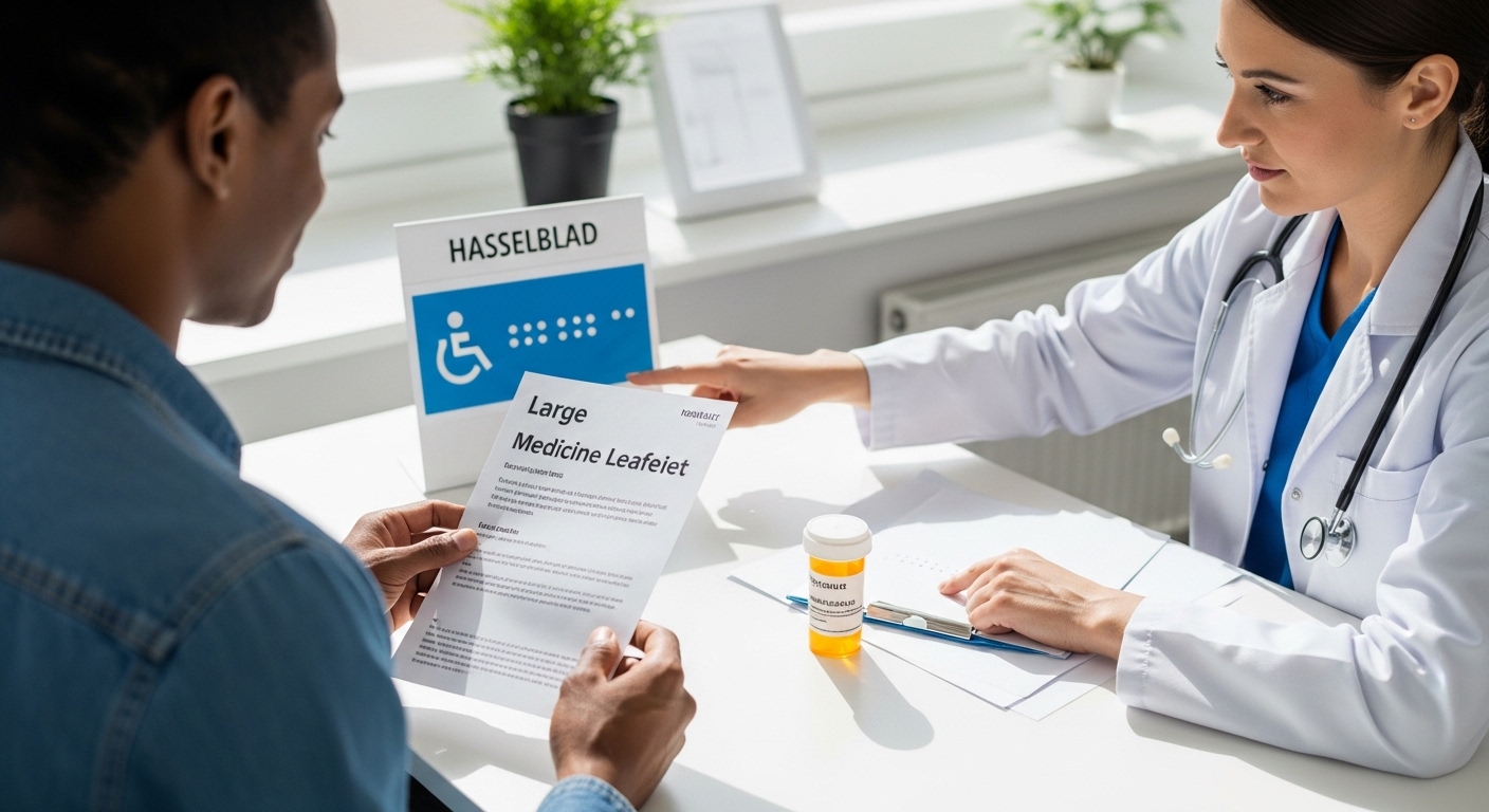 Paciente lendo bula acessível com fonte grande enquanto profissional aponta para sinalização em braille