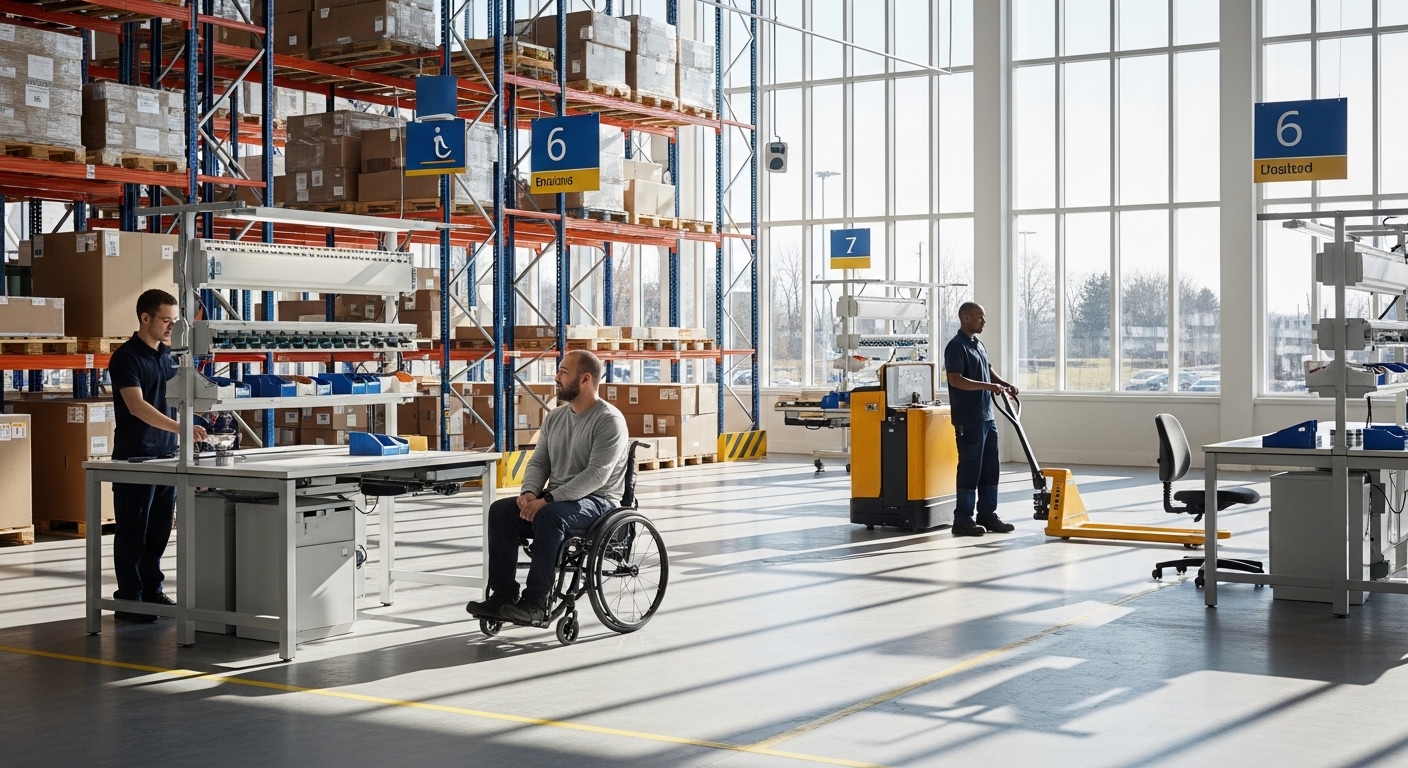 Armazém inclusivo com trabalhador em cadeira de rodas e uso de transpaleta elétrica