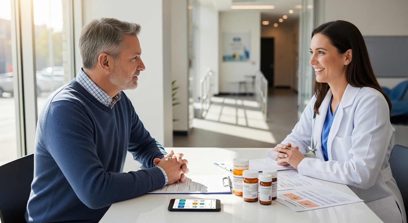 Paciente e profissional de saúde em clínica moderna discutindo acesso a tratamento crônico