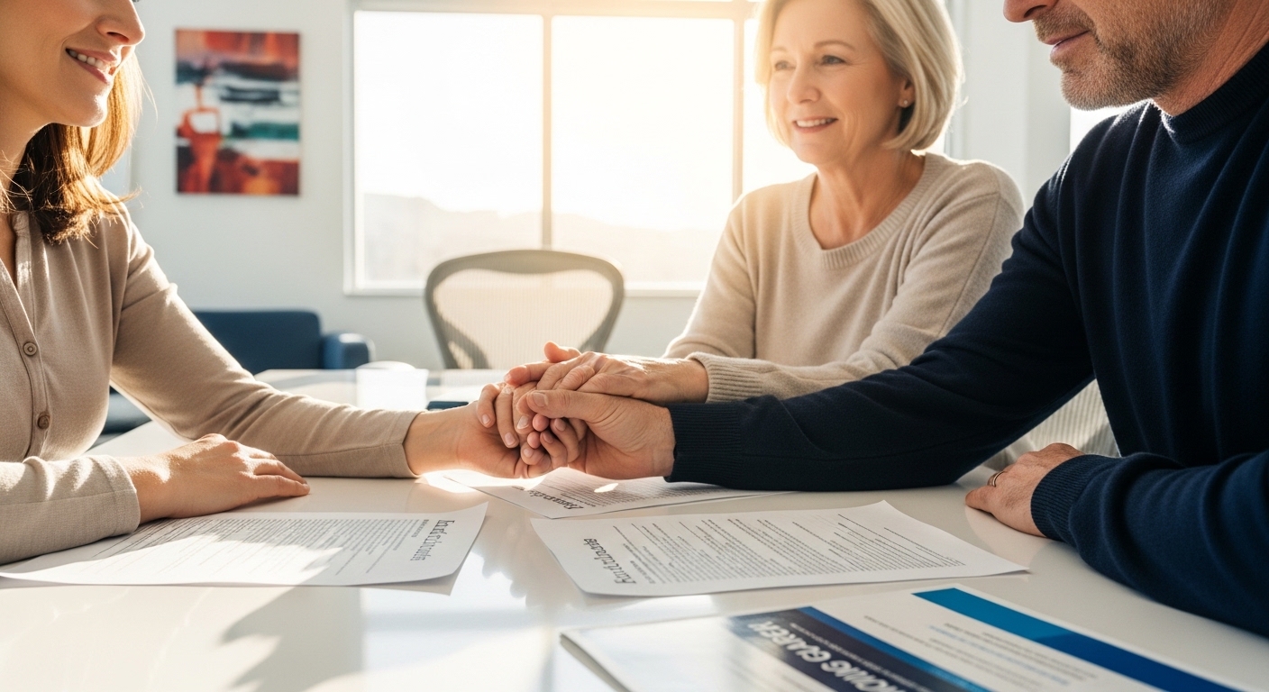 Paciente e família preenchem documentos de saúde em ambiente acolhedor
