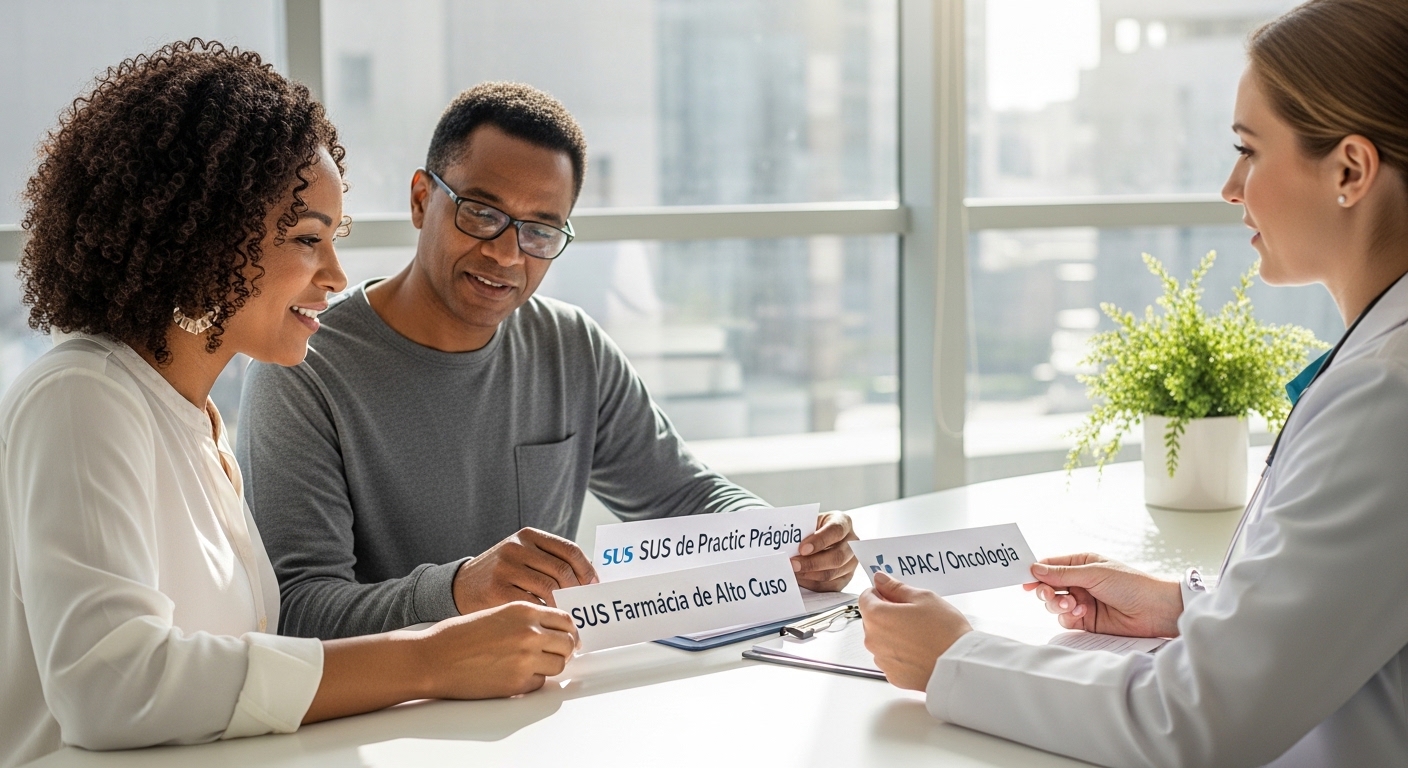 Paciente e cuidador revisando checklist de acesso a tratamento oncológico em clínica