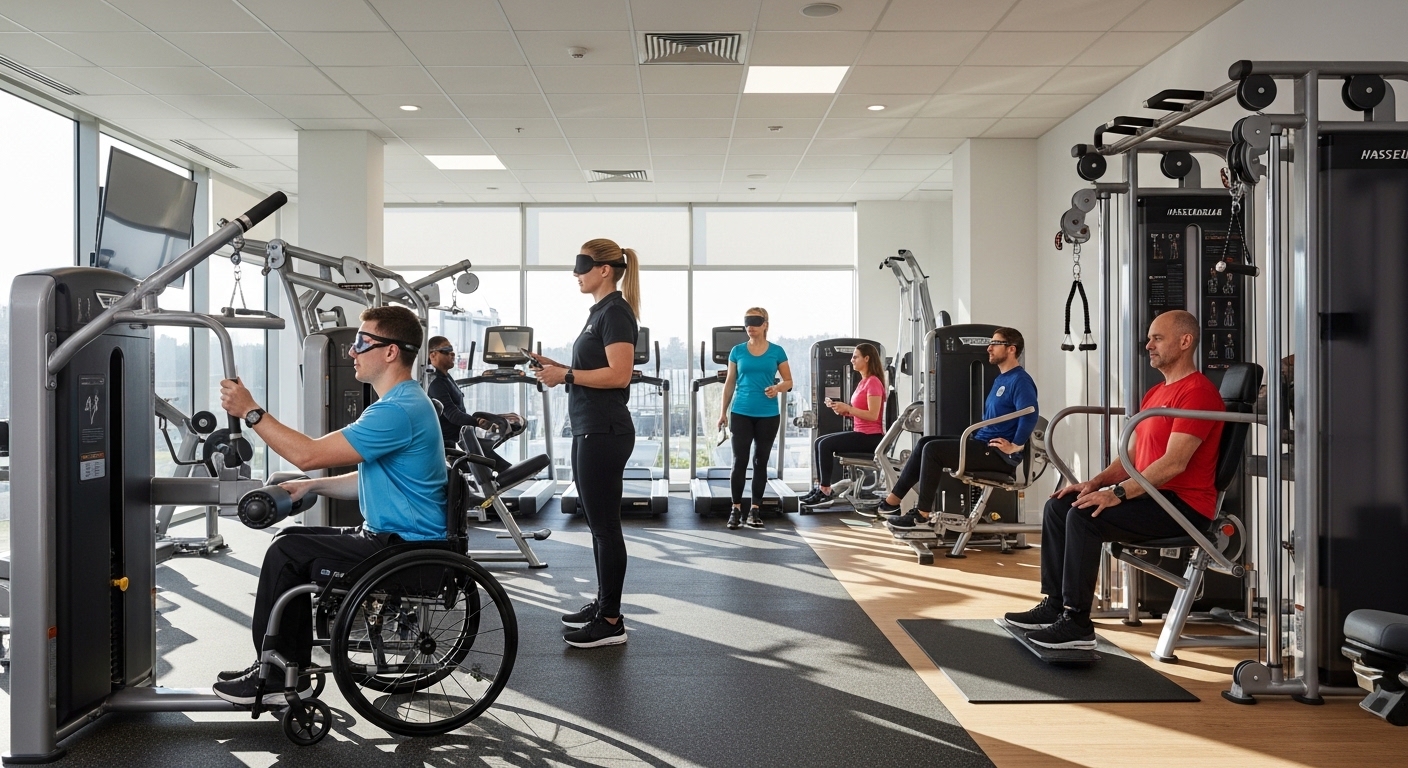 Grupo diverso exercitando-se em academia inclusiva com aparelhos adaptados