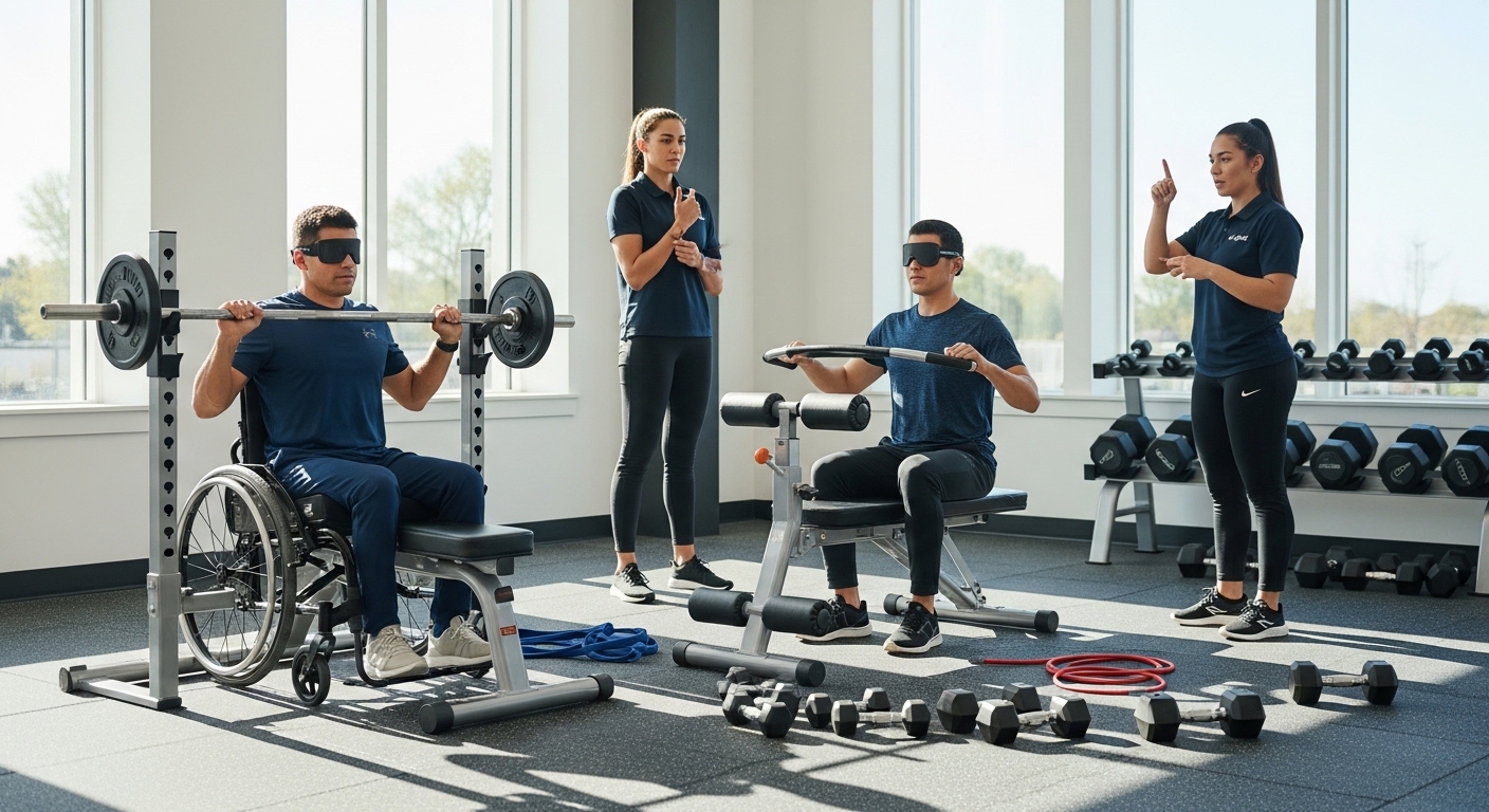 Pessoa em cadeira de rodas fazendo supino em banco ajustável em academia inclusiva
