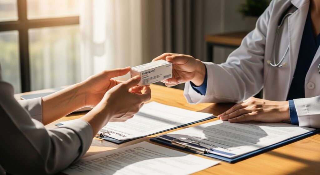 Paciente recebendo medicamento especial sobre mesa com documentos