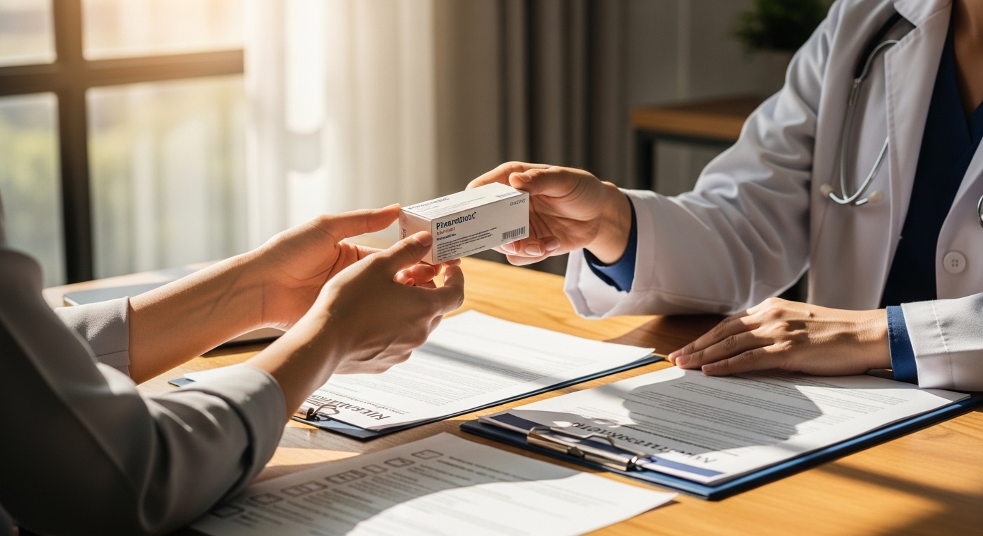 Paciente recebendo medicamento especial sobre mesa com documentos