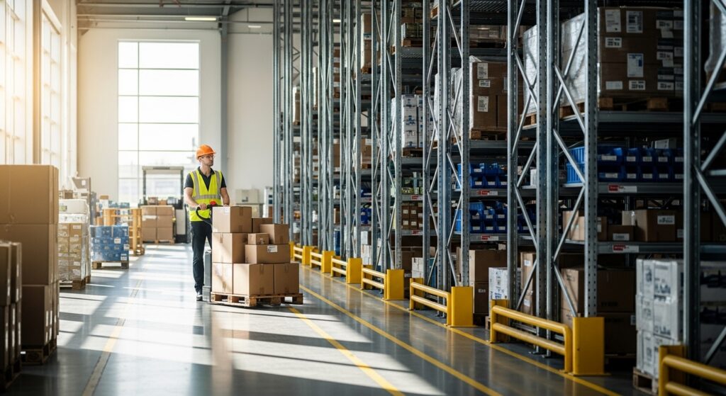 Operação de estoque eficiente com transpaleta em depósito organizado