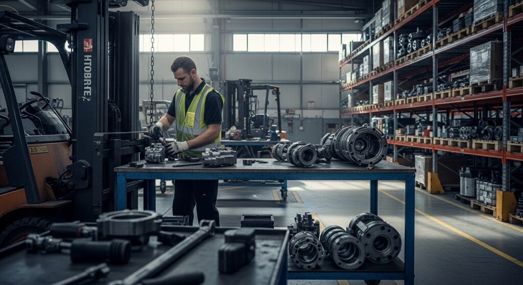Técnico realizando manutenção preventiva em empilhadeira em um armazém