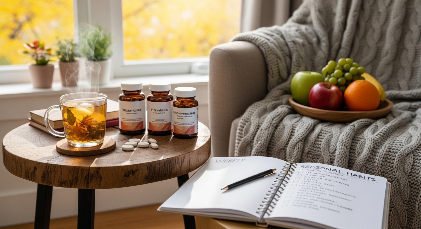 Canto aconchegante com chá quente, vitaminas e checklist de hábitos de outono-inverno.