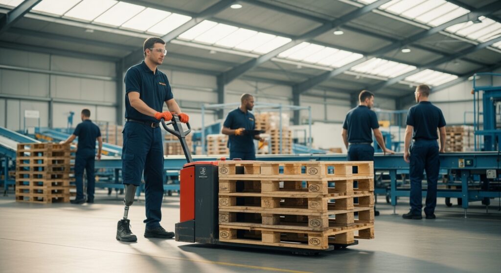 Operador com prótese manobra transpaleta elétrica em fábrica moderna
