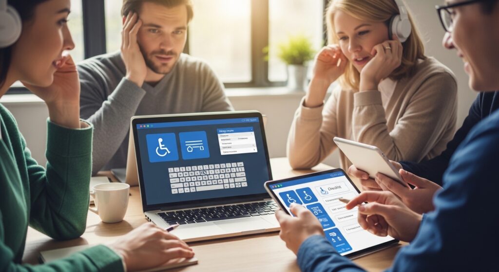 Grupo diverso utiliza interfaces digitais acessíveis com alto contraste e leitores de tela.