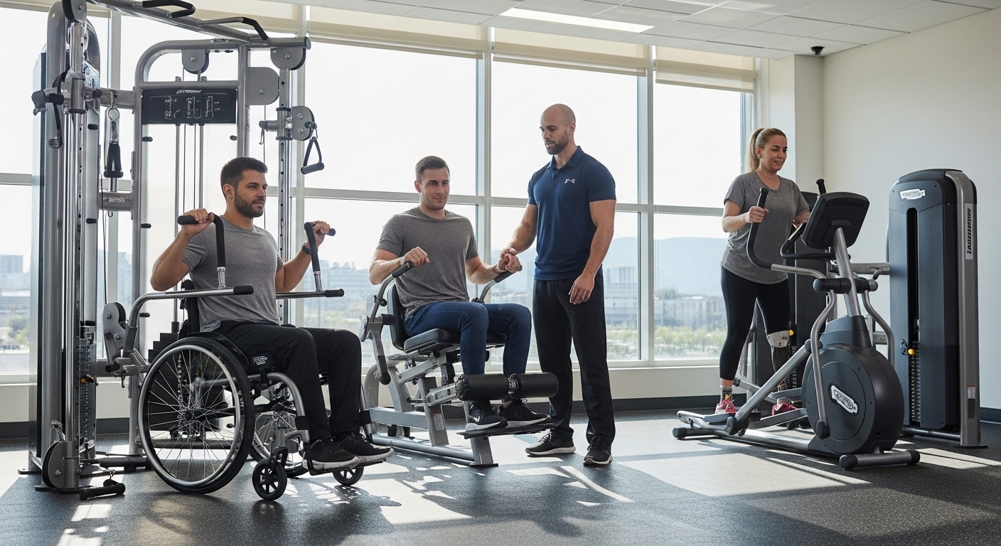 Pessoa em cadeira de rodas usando equipamento de ginástica adaptado em academia acessível
