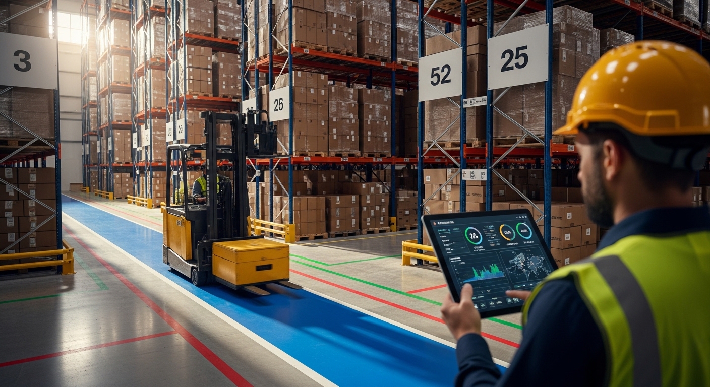 Empilhadeira circulando em galpão organizado com marcações no chão