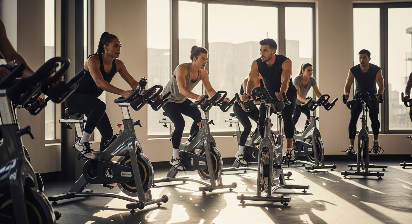 Aula de spinning em grupo com participantes pedalando sob luz natural