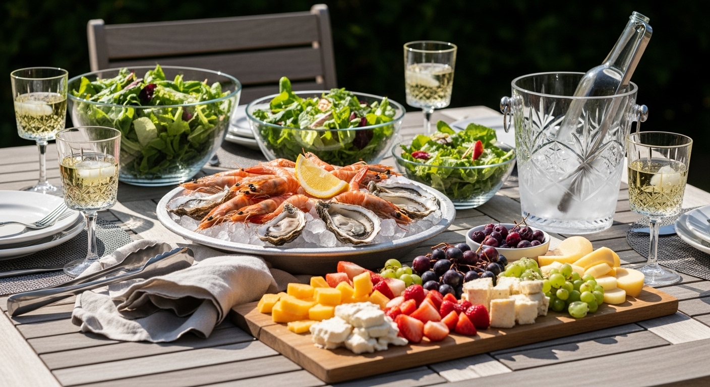Mesa ao ar livre com saladas, frutos do mar, frutas, queijos leves e taças de vinho branco