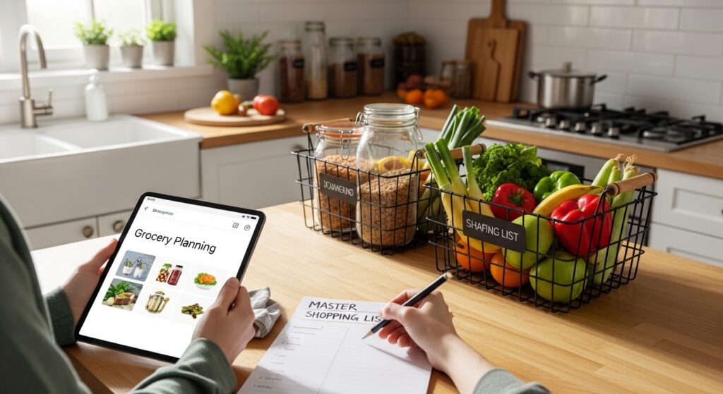 Pessoa em cozinha moderna planejando compras e despensa organizada