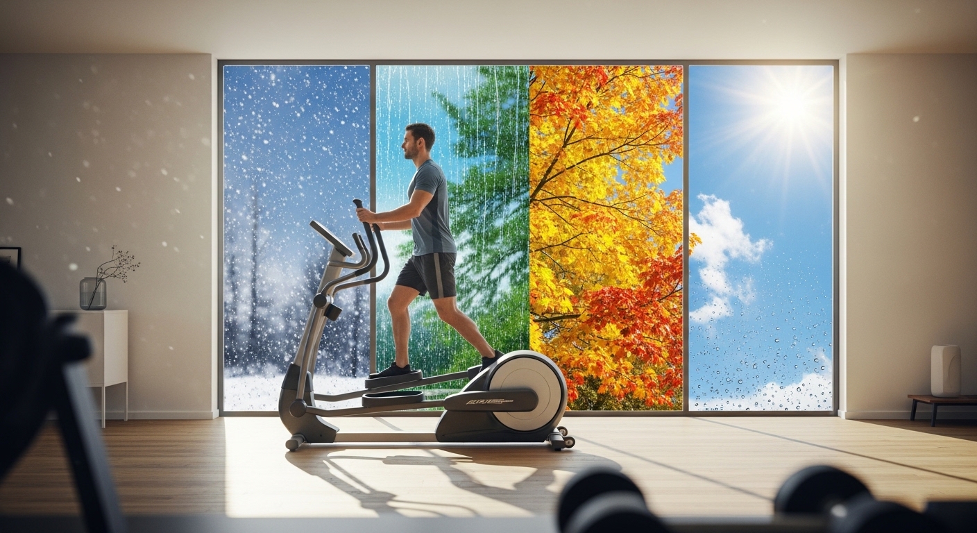 Pessoa usando aparelho elíptico em academia caseira com janela mostrando várias estações do ano