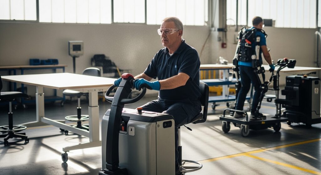 Trabalhador com deficiência operando transpaleteira elétrica em fábrica