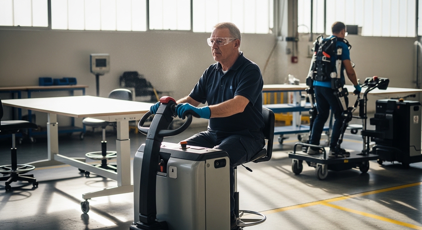 Trabalhador com deficiência operando transpaleteira elétrica em fábrica