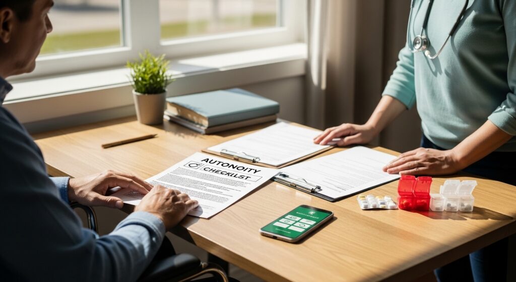 Pessoa em cadeira de rodas revisando checklist de autonomia com documentos e dispositivos assistivos