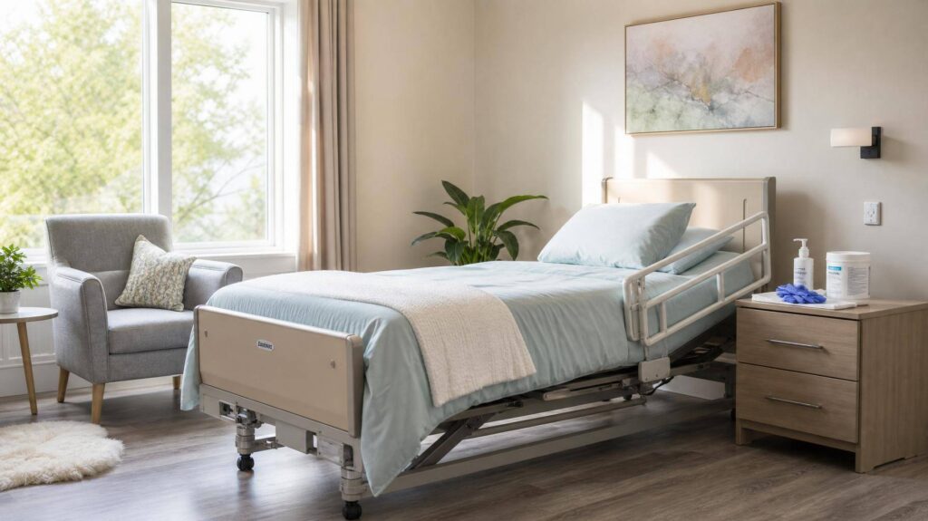 Quarto acessível para cuidado domiciliar com cama adaptada e tecidos antialérgicos