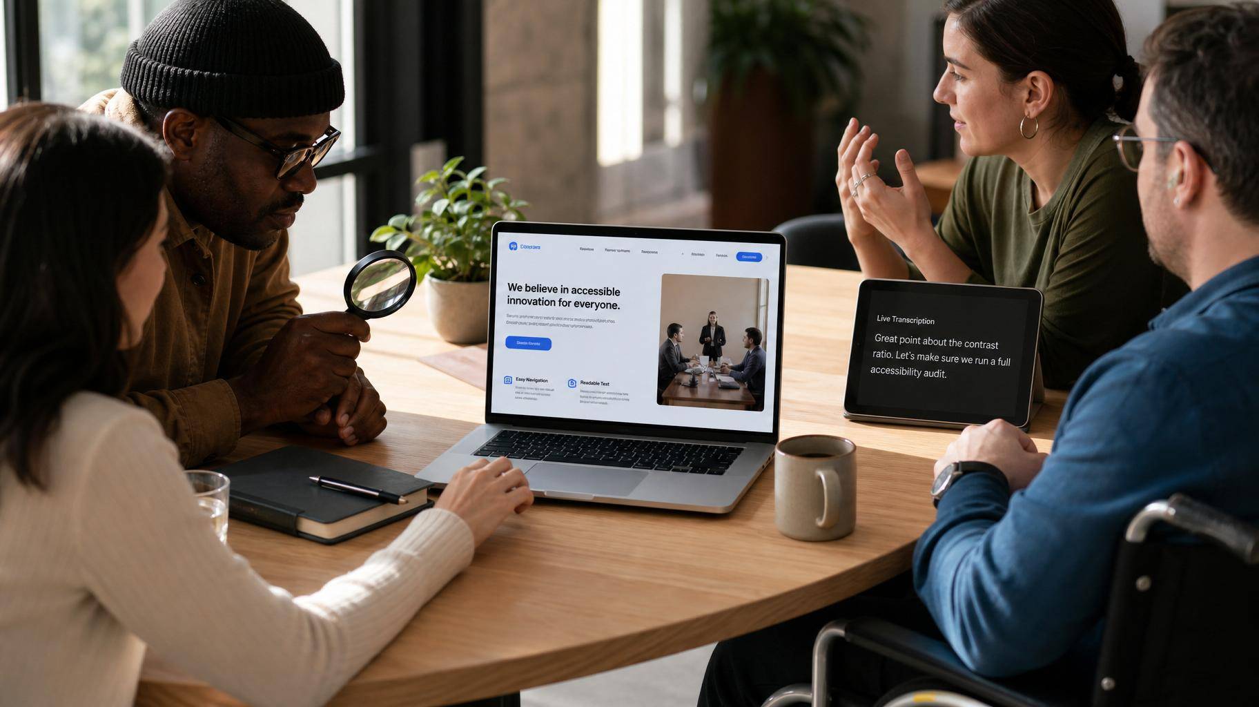 Grupo diverso testando acessibilidade digital em dispositivos