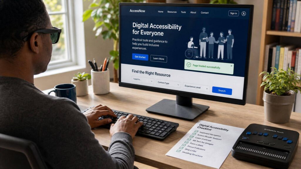 Pessoa usando navegação por teclado em site com tipografia de alto contraste em home office