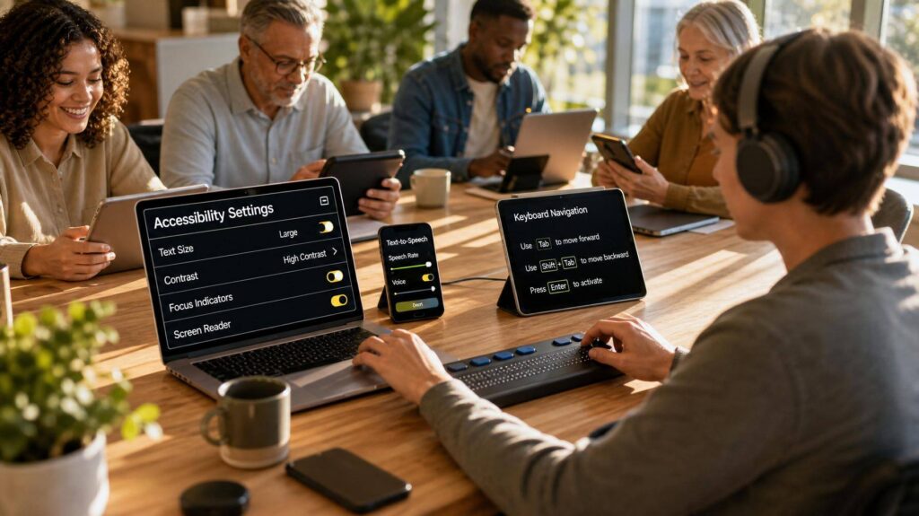 Usuários diversos explorando interfaces digitais acessíveis em dispositivos modernos