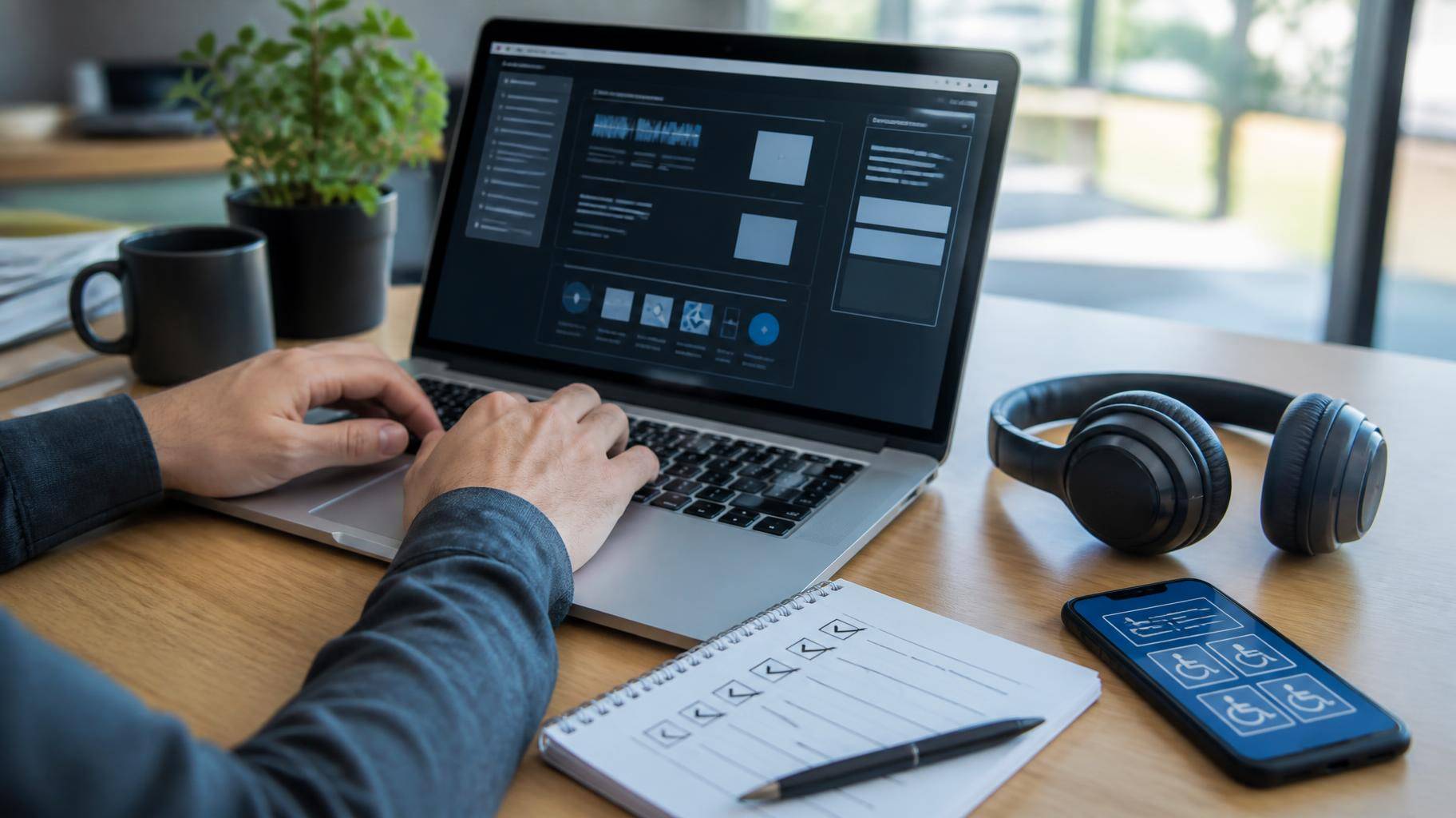Mãos de um designer digitando em um laptop com interface de alto contraste, ao lado de um caderno com checklist de acessibilidade, um smartphone com ícones claros e fones de ouvido para teste de leitor de tela, em uma mesa iluminada por luz natural